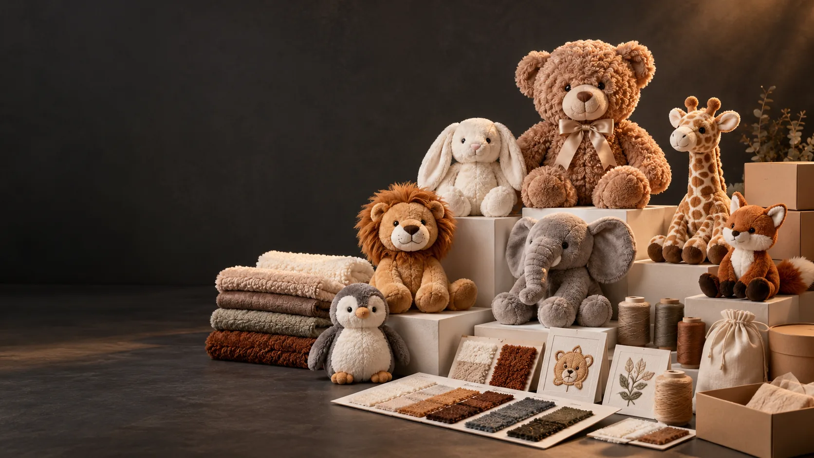 plush toys arranged in a luxury soft-goods studio