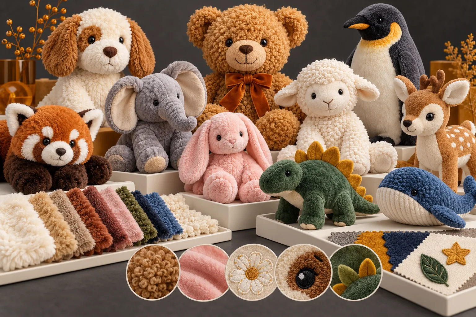 Strip plush toys, clusters and plush trays on a beauty sampling table