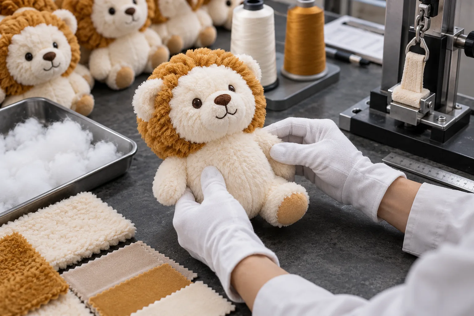 Technician inspecting plush toys at a quality desk